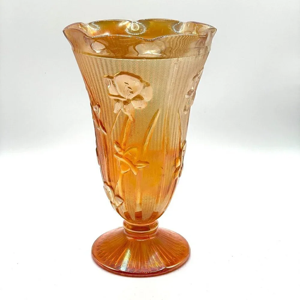 Vintage Jeanette Marigold Carnival Glass Iris Herringbone Footed Vase 9